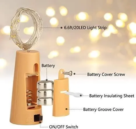 20 Led Wine Bottle Cork Copper Wire String Lights 2M Battery Operated (Warm White Pack Of 4)