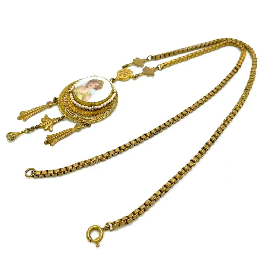 Antique Edwardian Gold Tone Lady Necklace