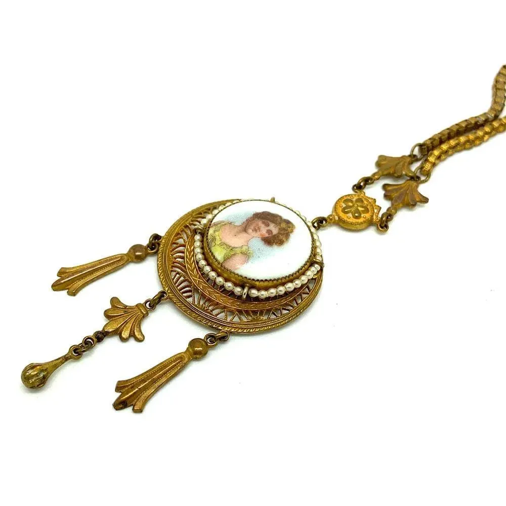 Antique Edwardian Gold Tone Lady Necklace