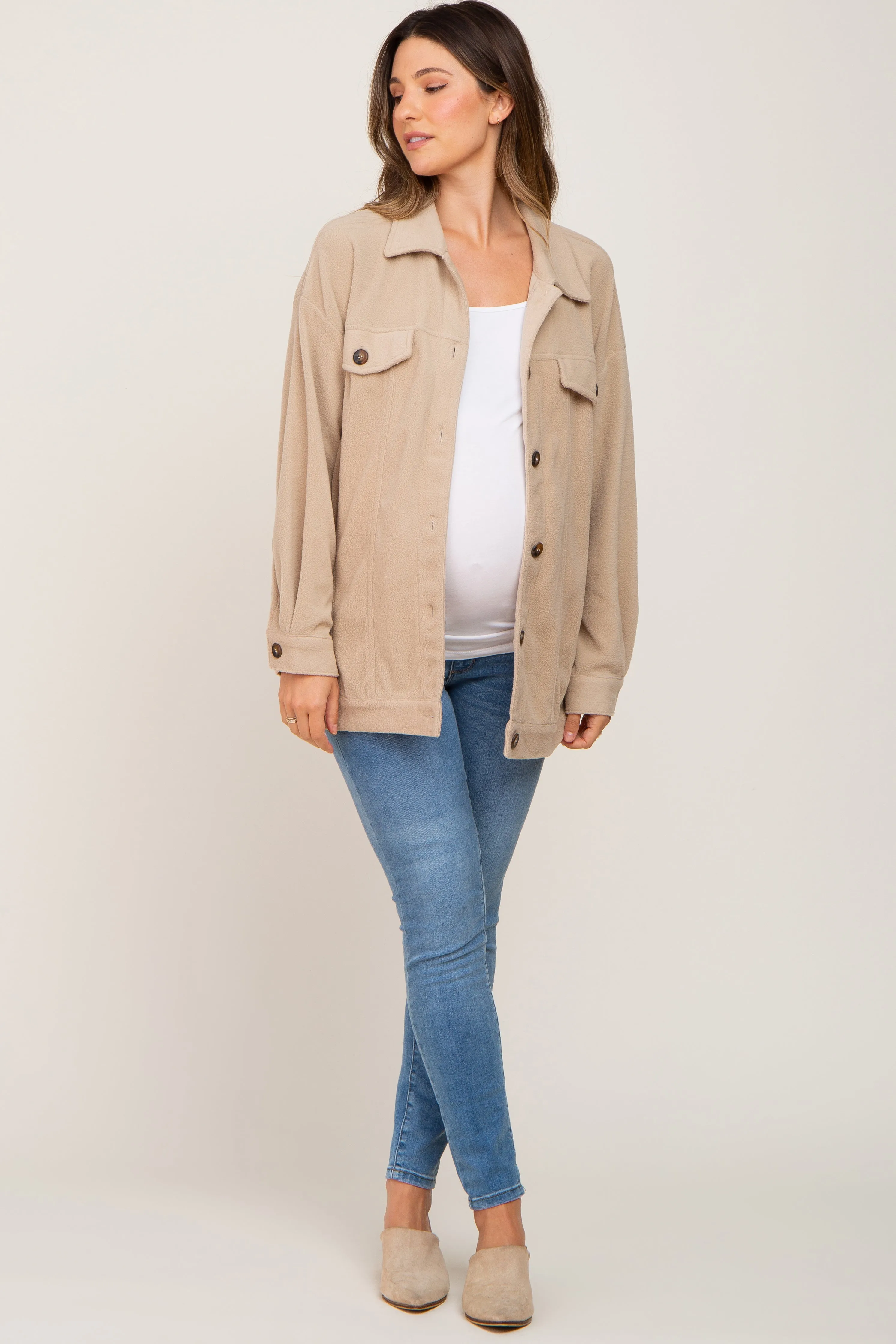 Beige Fleece Maternity Shirt Jacket