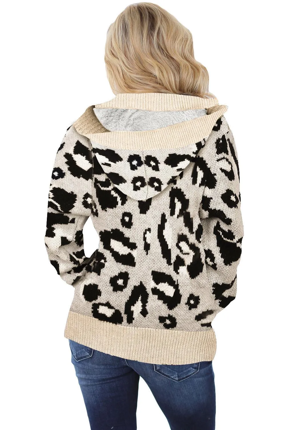 Beige Leopard Print Buttoned Winter Sweater