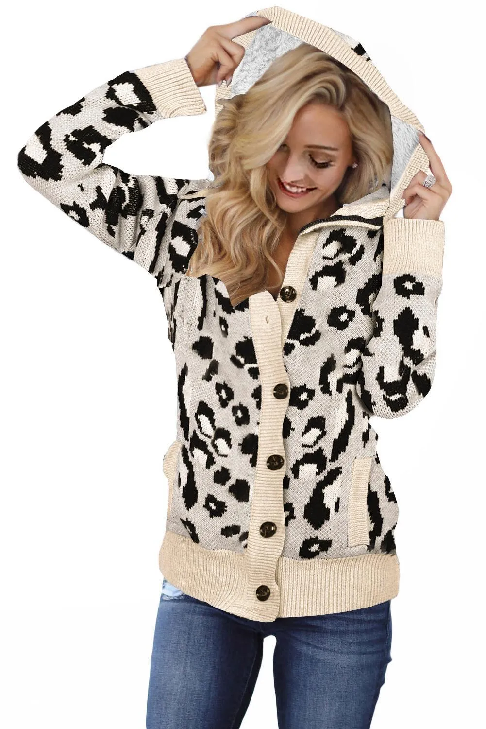 Beige Leopard Print Buttoned Winter Sweater