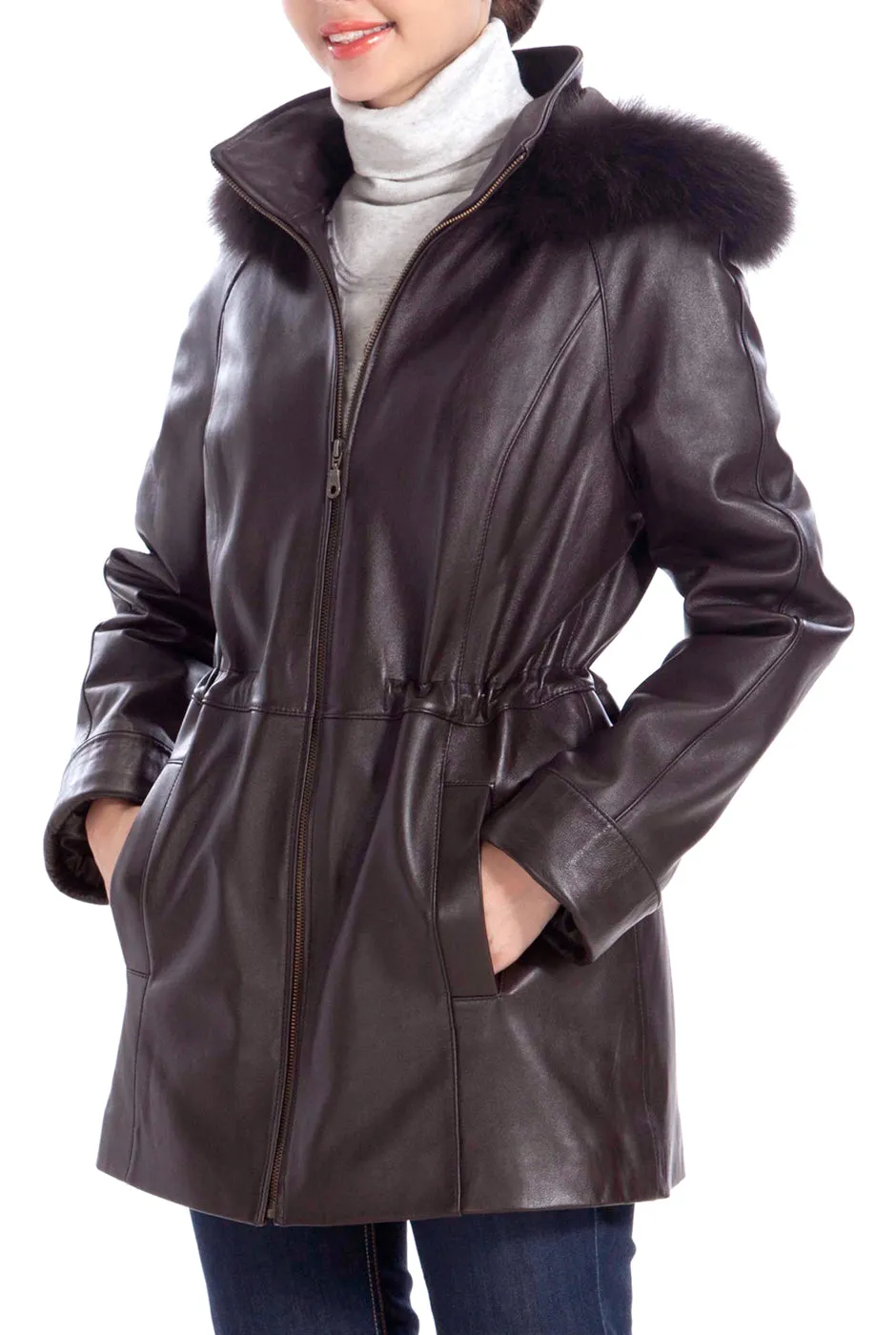 BGSD Women Clare Lambskin Leather Hooded Parka Coat