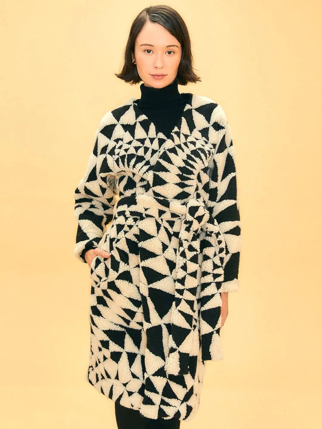 Black & White Heart Deco Maxi Fleece Coat