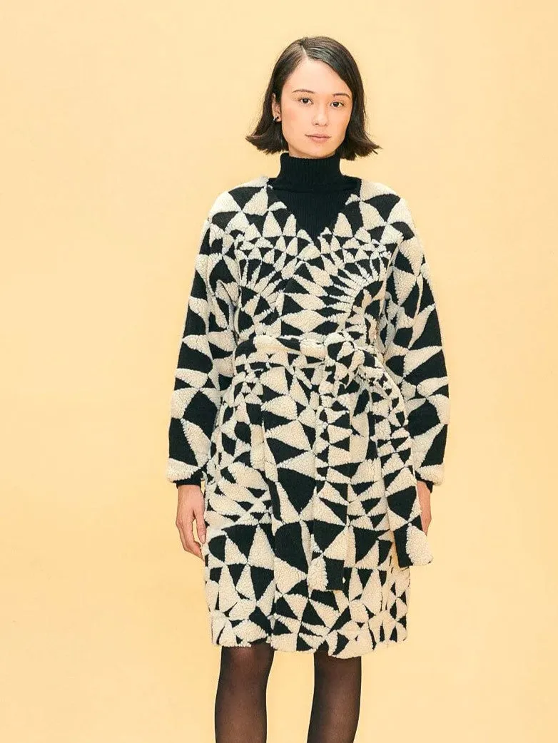 Black & White Heart Deco Maxi Fleece Coat