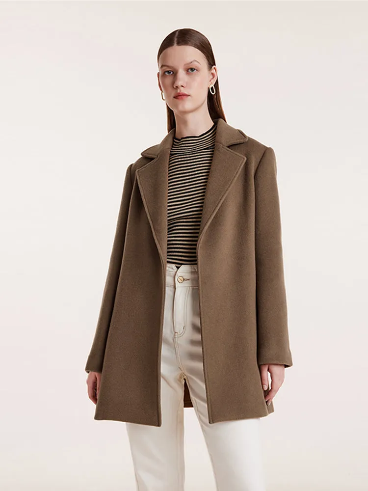 Brown Tencel Wool Notched Lapel Coat With Belt