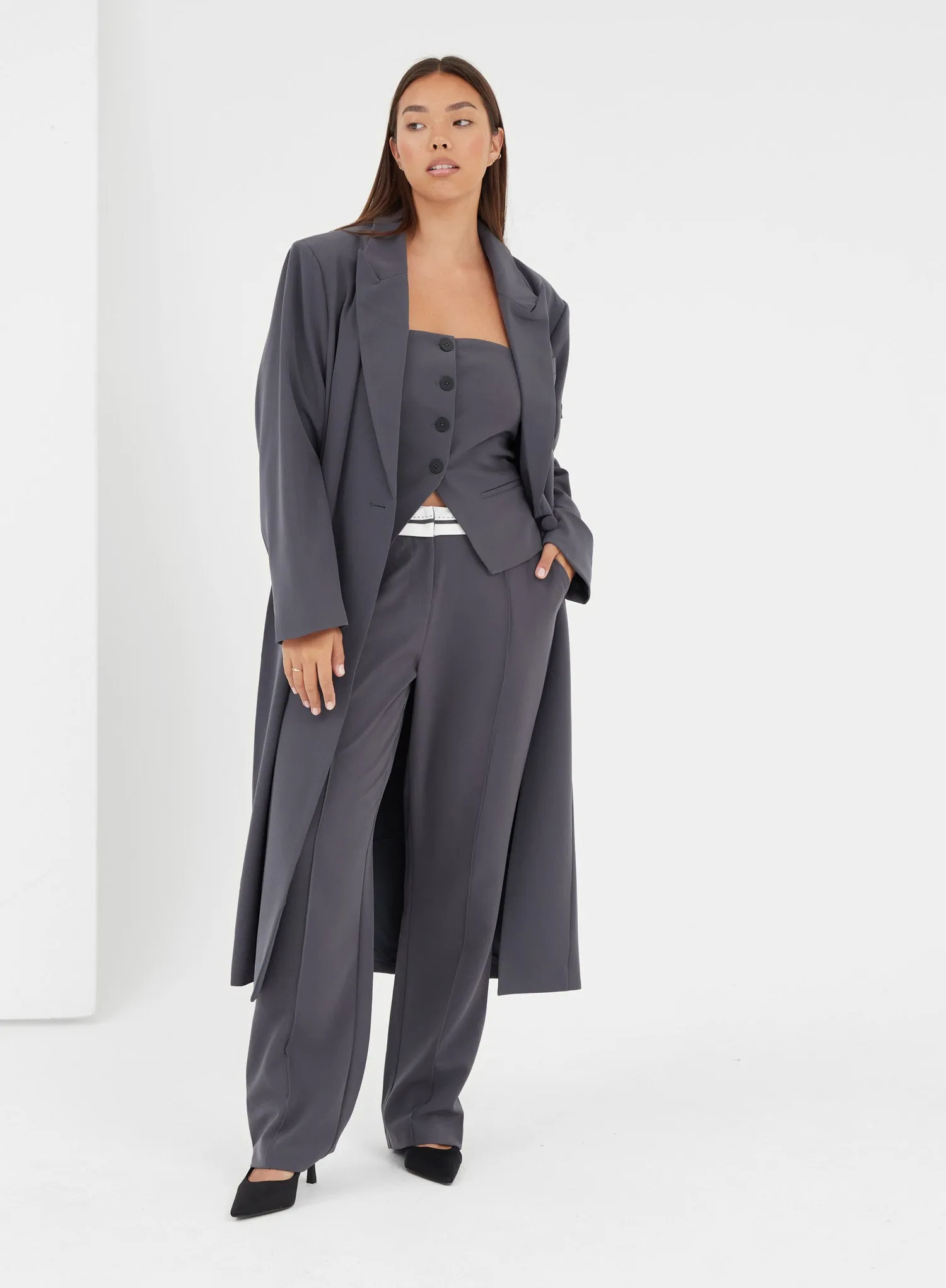 Charcoal Grey Longline Tailored Coat - Kennedy