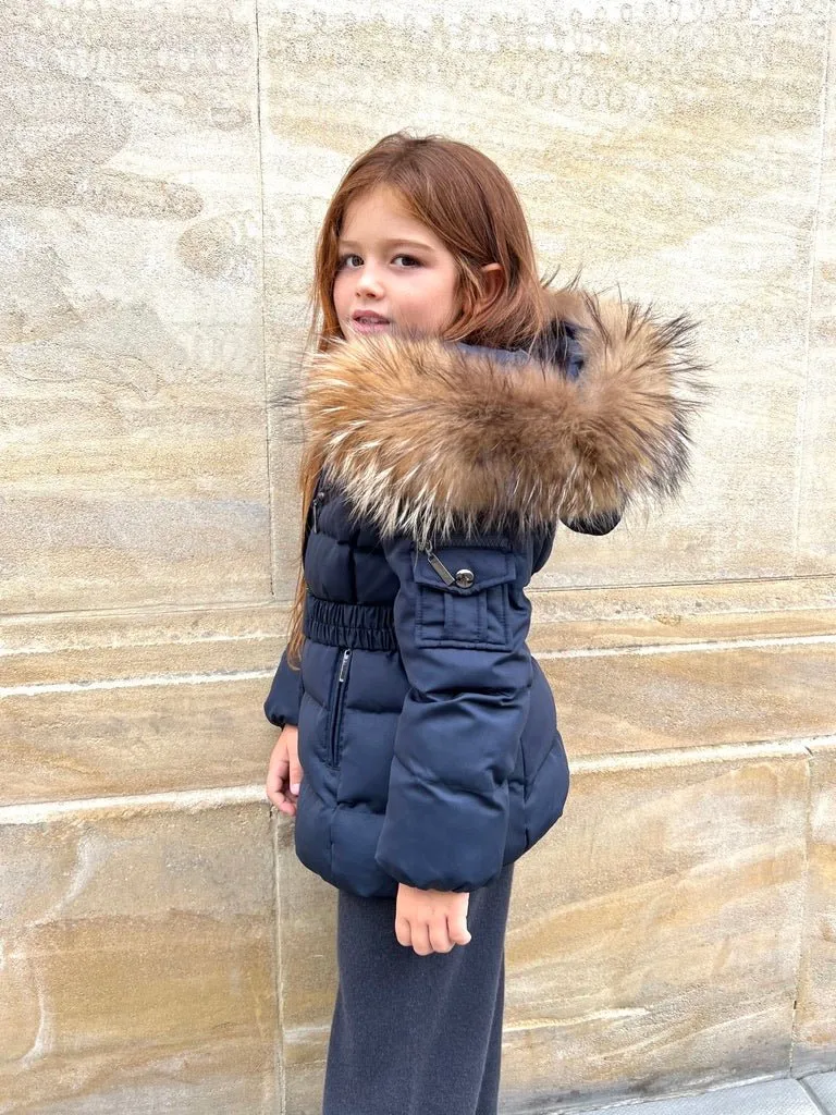 Childrens Navy Luxury Fur Padded Belted Coat