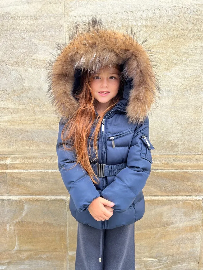 Childrens Navy Luxury Fur Padded Belted Coat