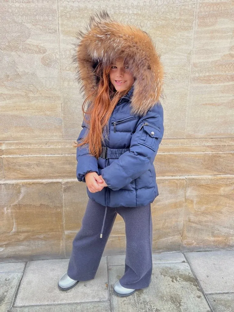 Childrens Navy Luxury Fur Padded Belted Coat