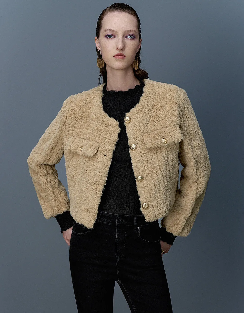 Crew Neck Furry Straight Coat