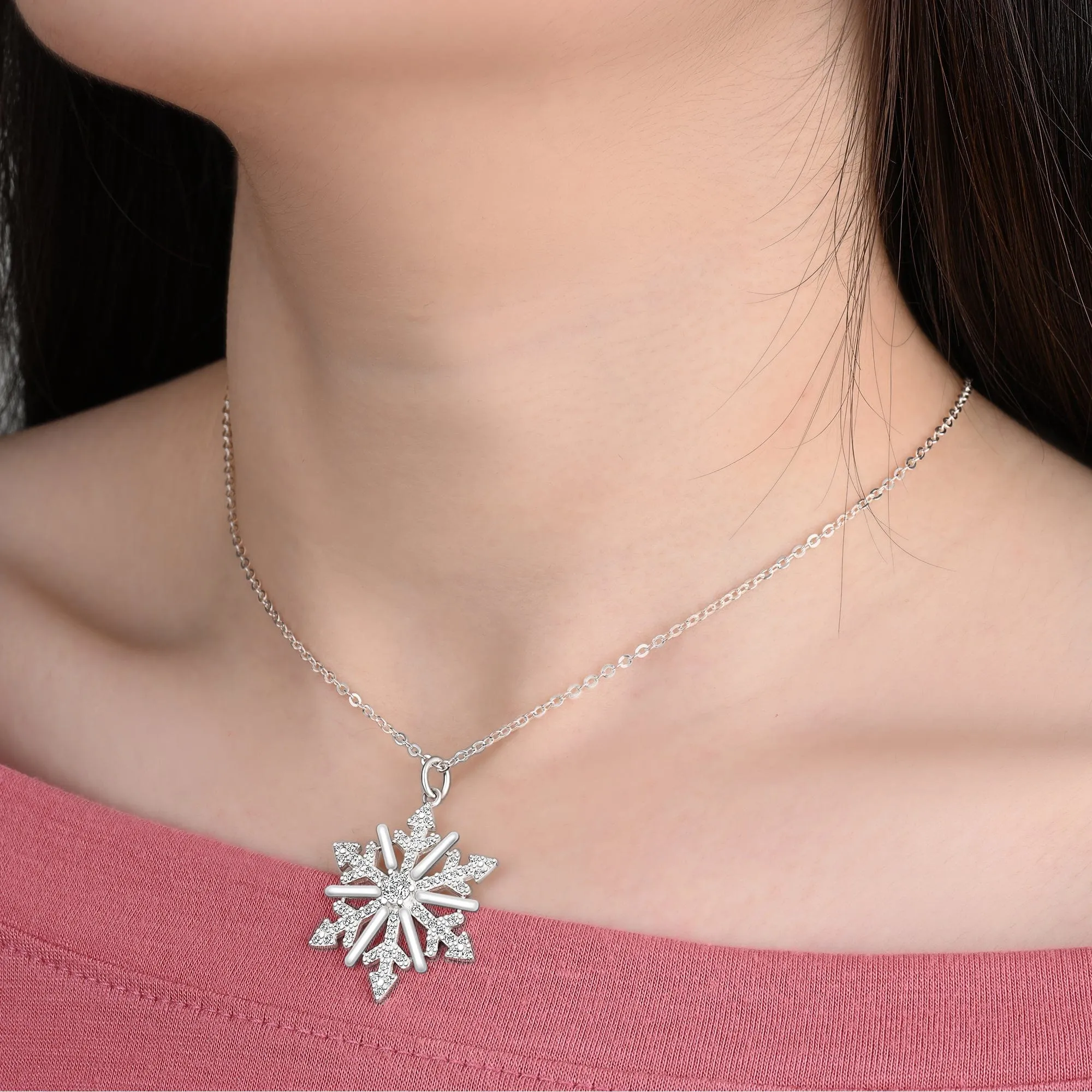 CZ Winter Star Snowflake Necklace Silver