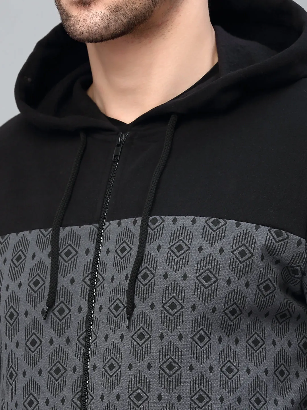 Dark Grey Hooded Printed Fleece Jacket