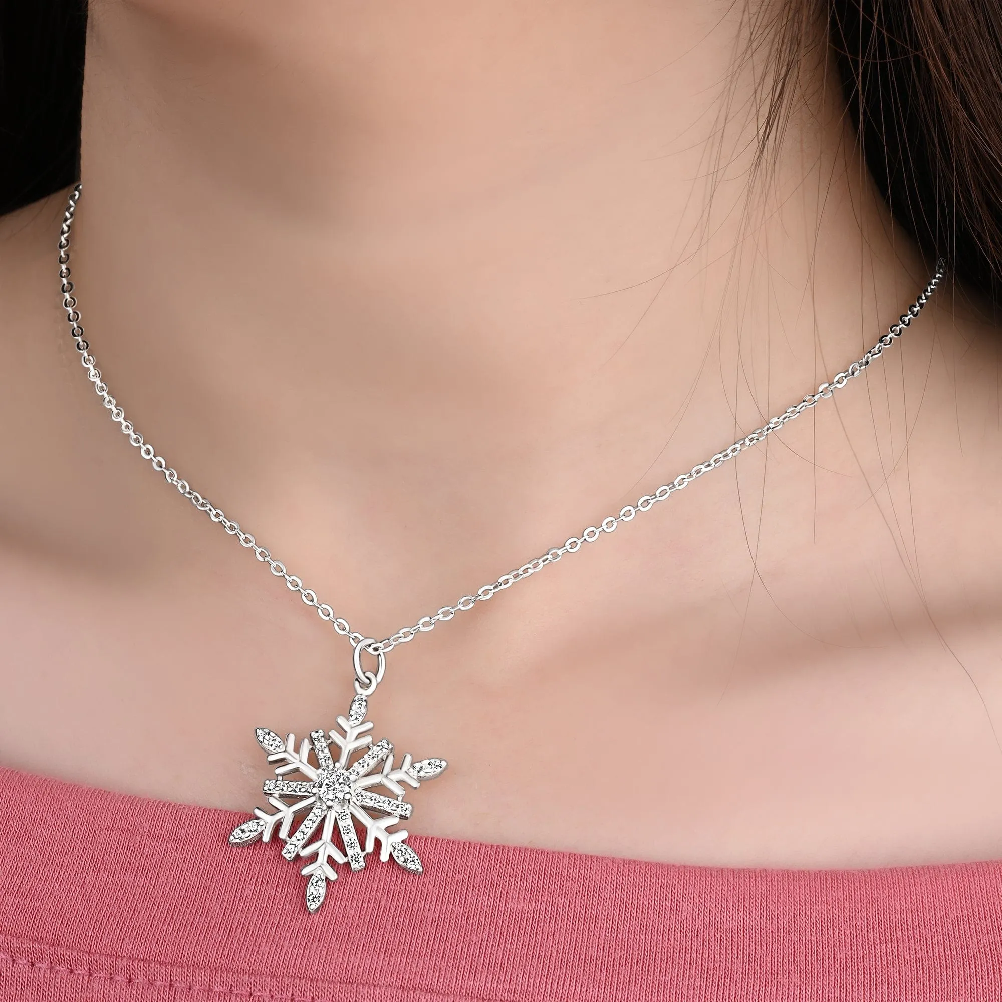 Frozen Winter CZ Snowflake Necklace Sterling Silver