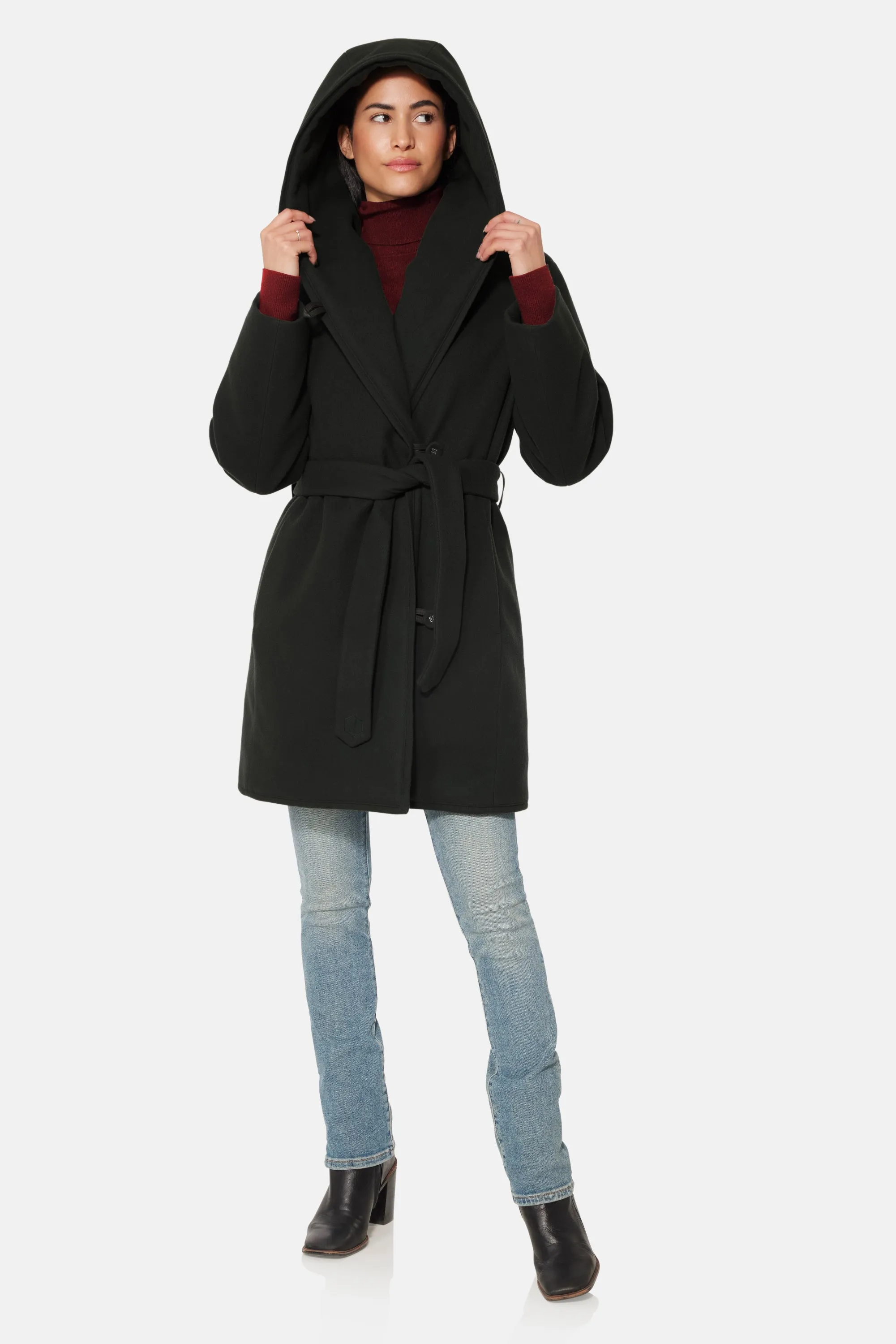 Hooded Wrap Coat, Black