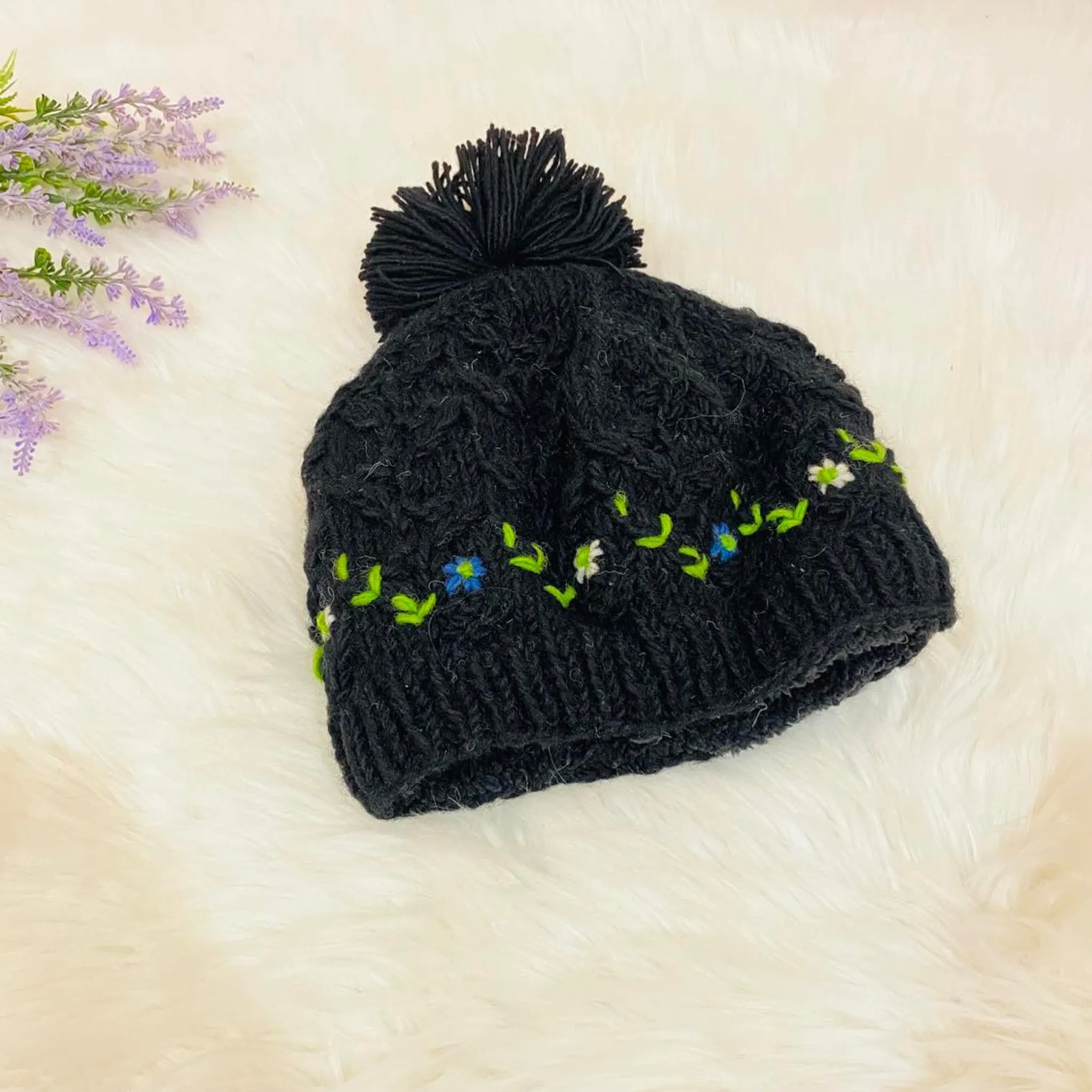 Knitted Winter Hand Embroidery Bobble Hat