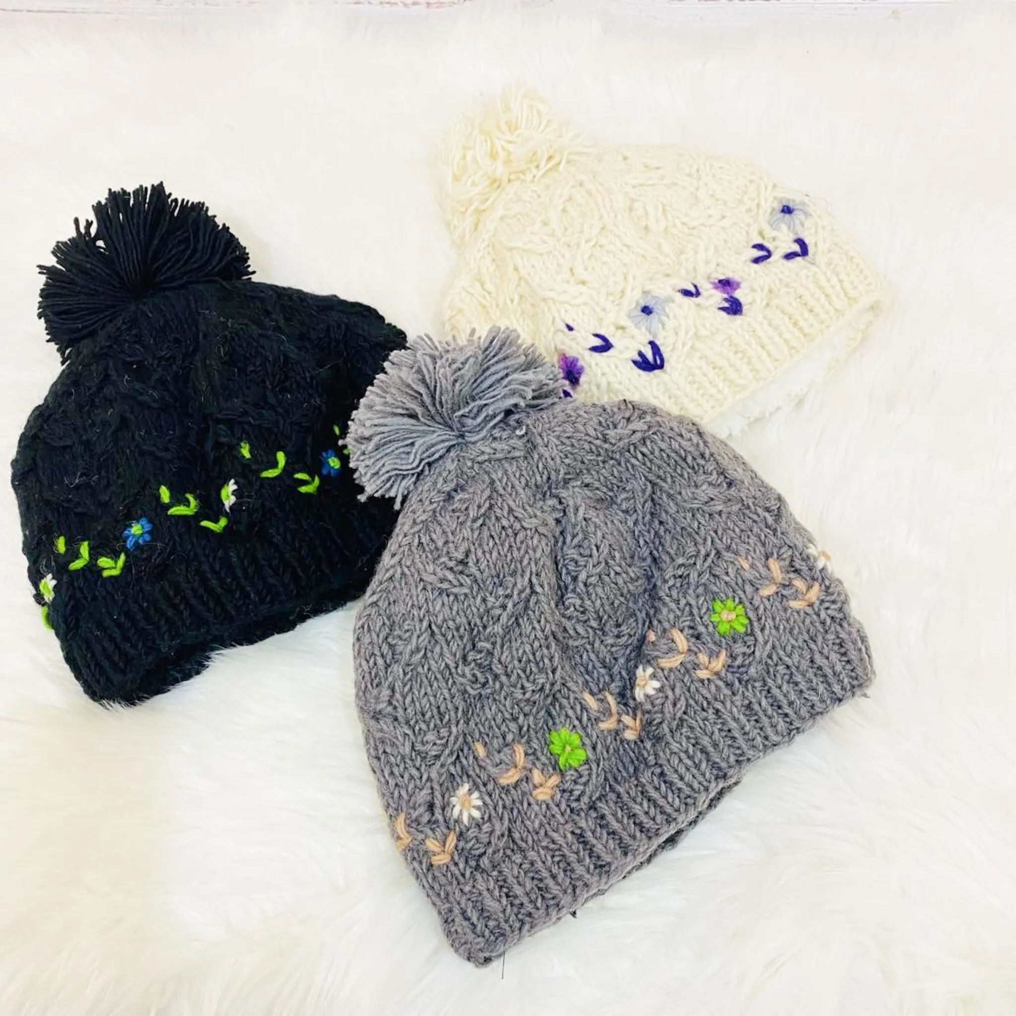 Knitted Winter Hand Embroidery Bobble Hat