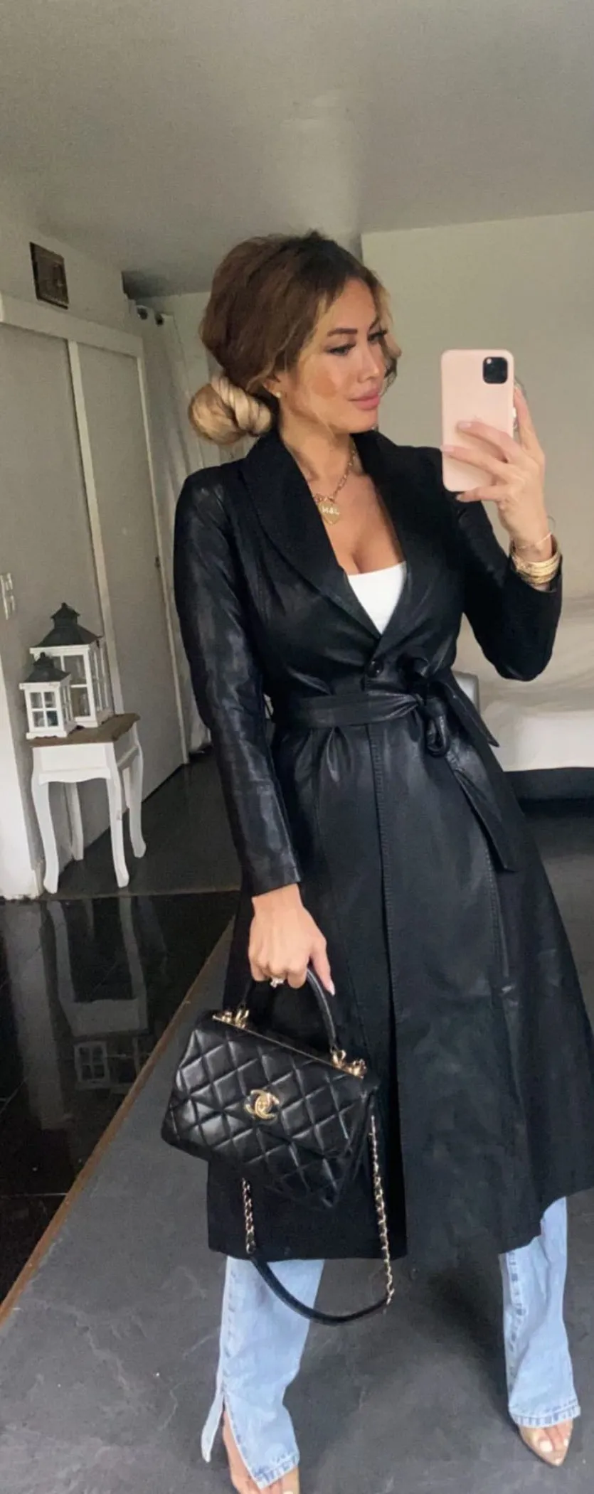 KYLIE BLACK LEATHER LOOK LONG COAT