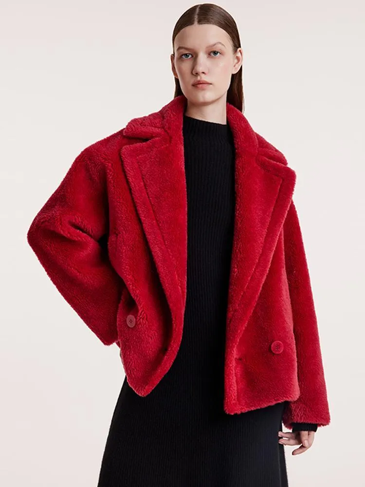 Lapel Double-Breasted Teddy Lamb Wool Short Coat