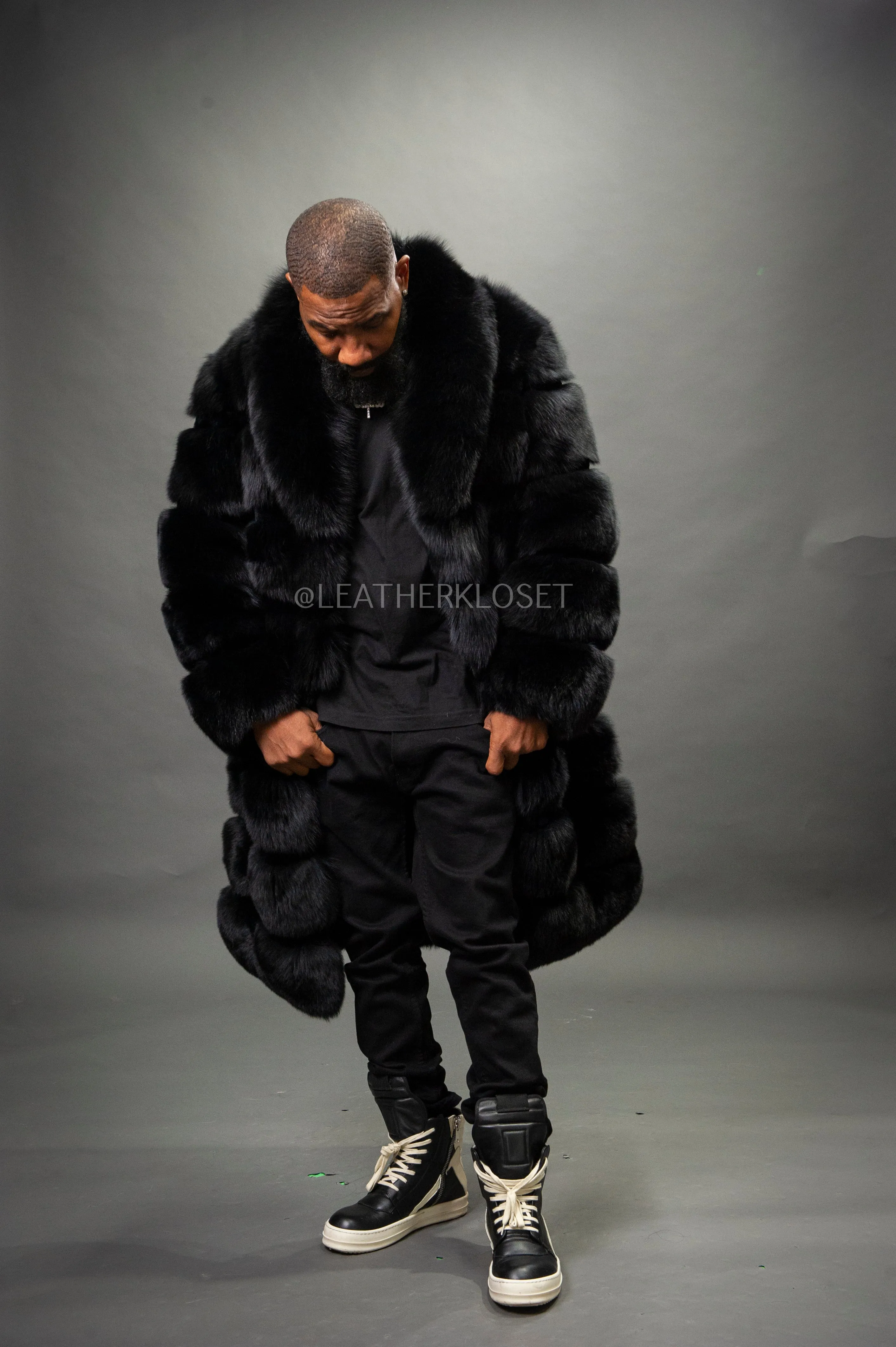 Men's Black Russian Fox Fur Coat