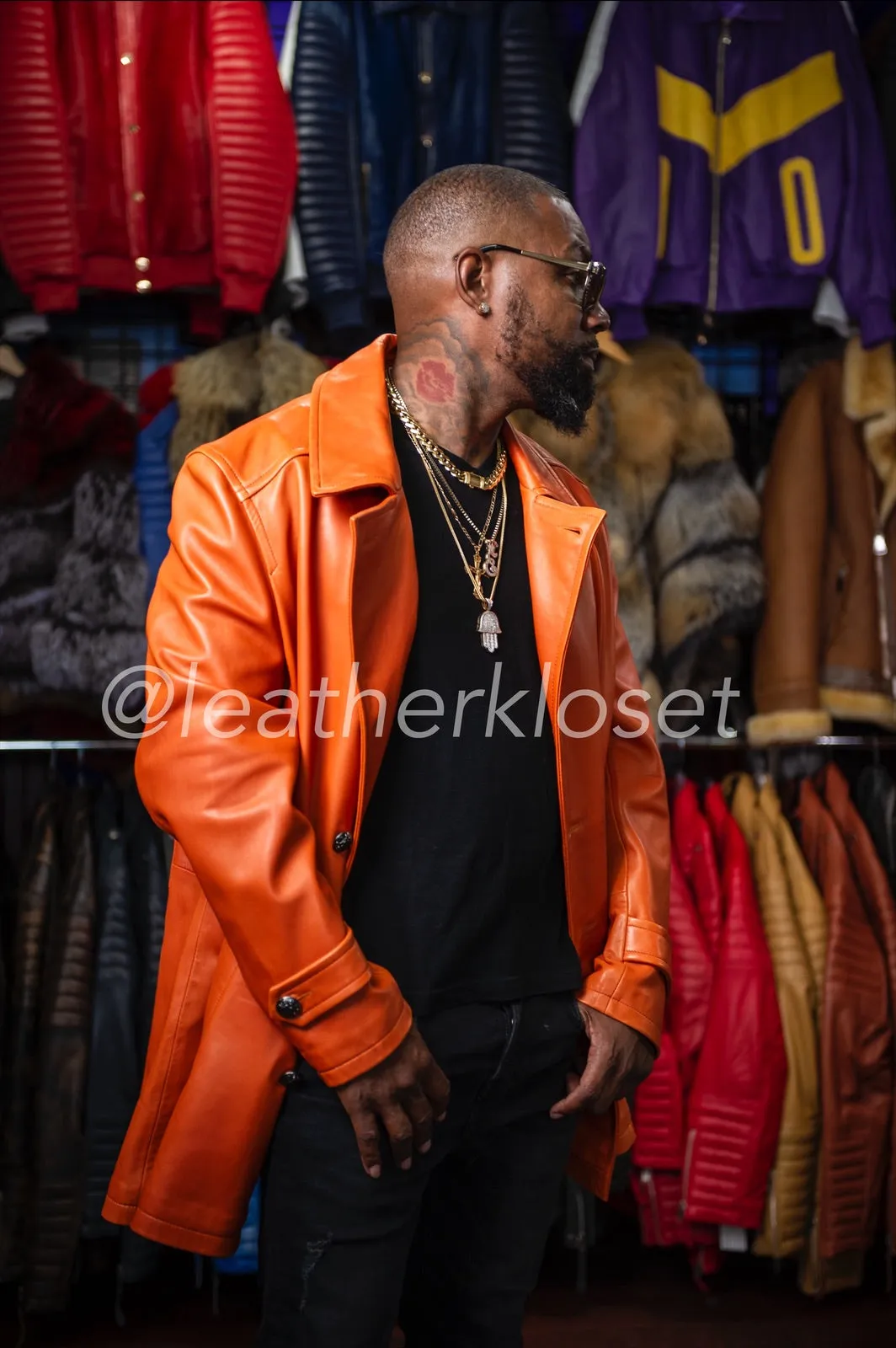 Men's Lambskin Leather Pea Coat [Orange]