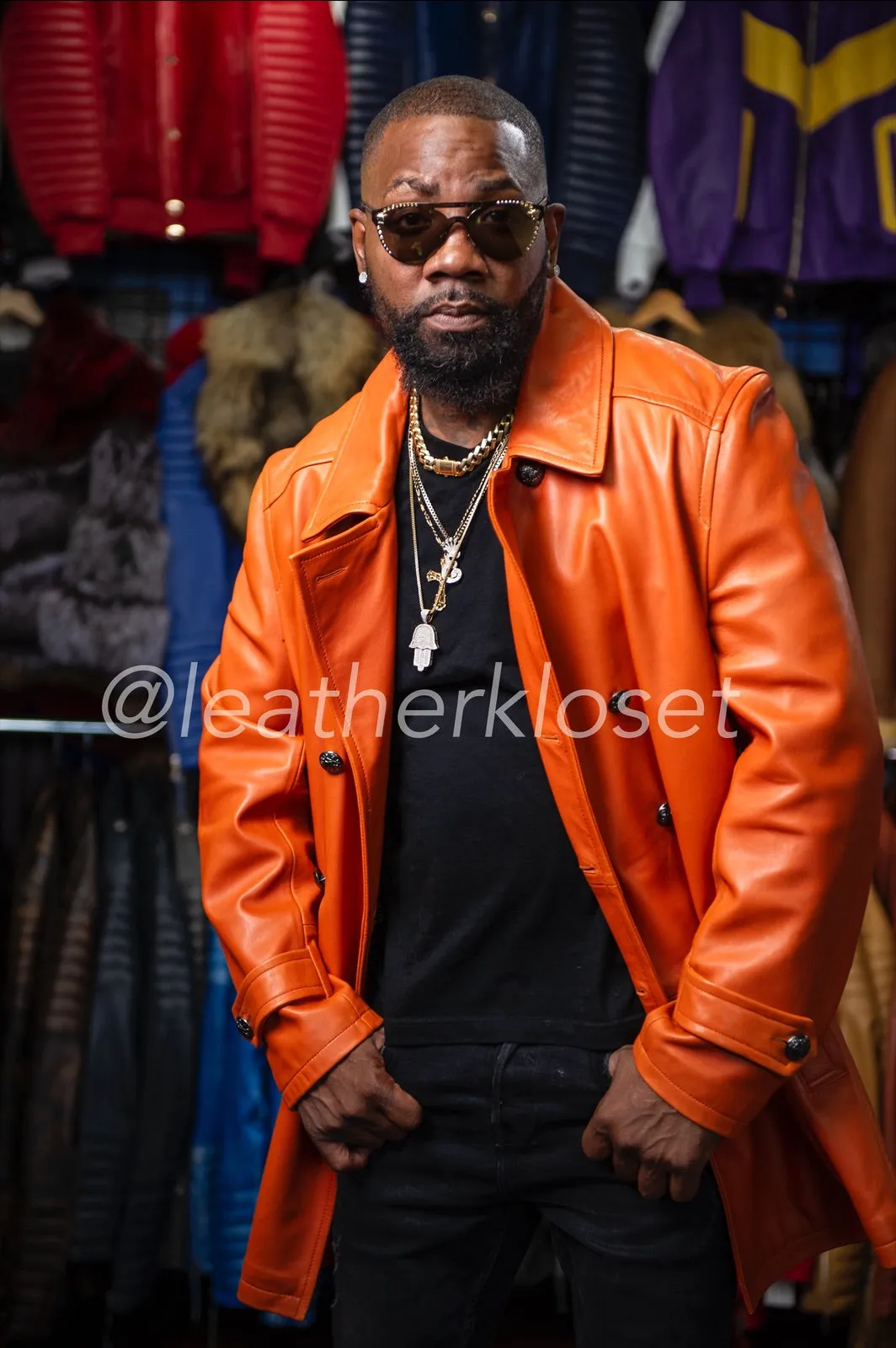 Men's Lambskin Leather Pea Coat [Orange]