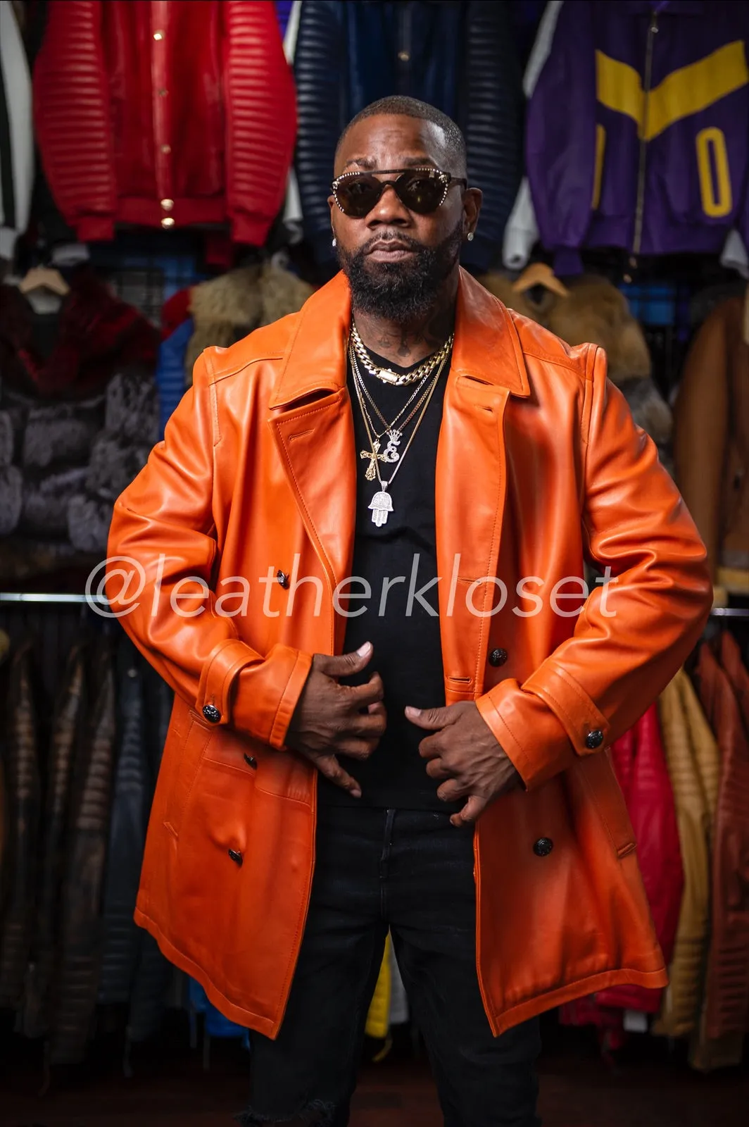 Men's Lambskin Leather Pea Coat [Orange]