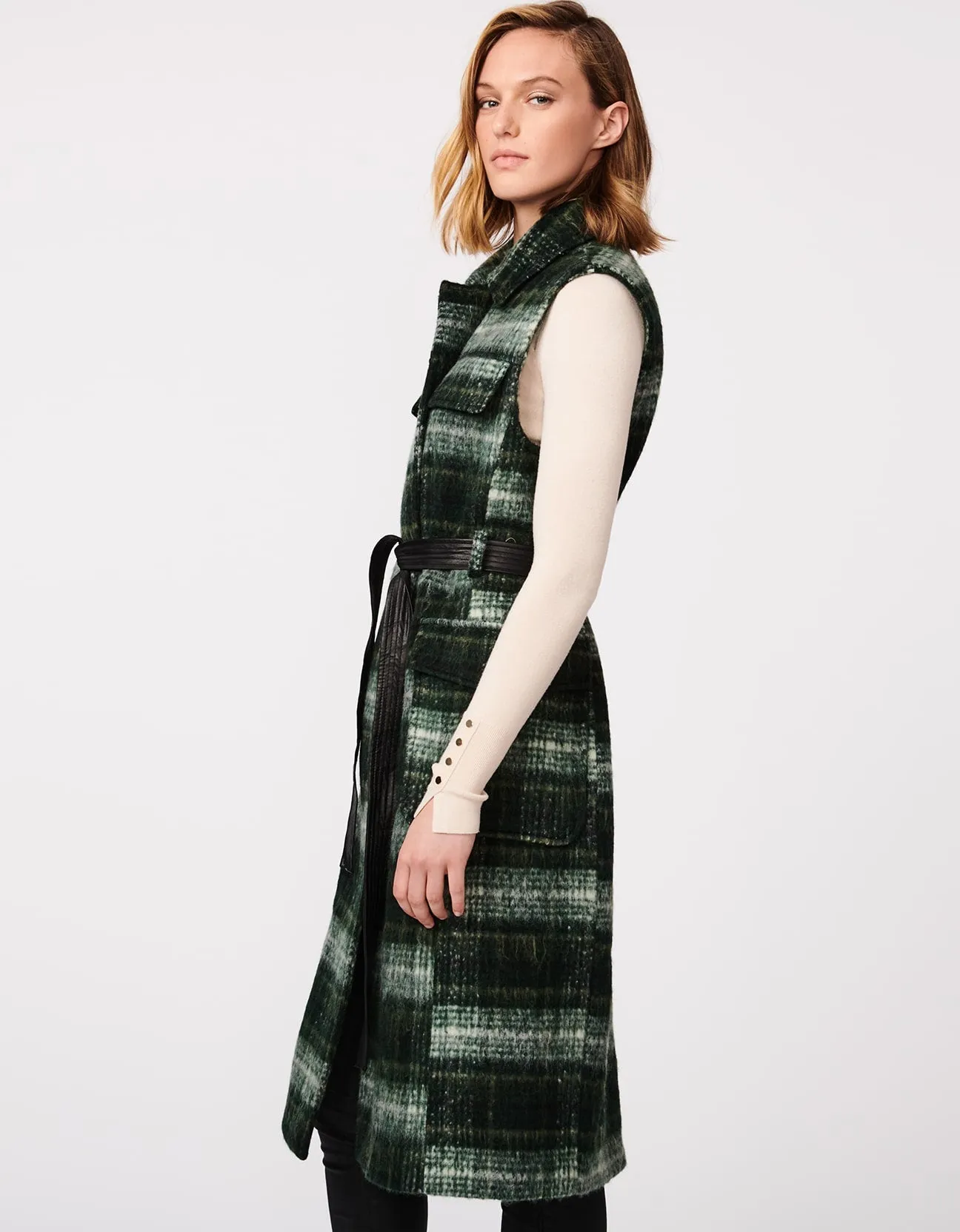 Plaid Belted Long Wool Vest