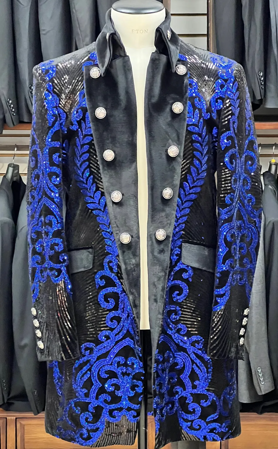 sequins long coat, Jupiter Blue